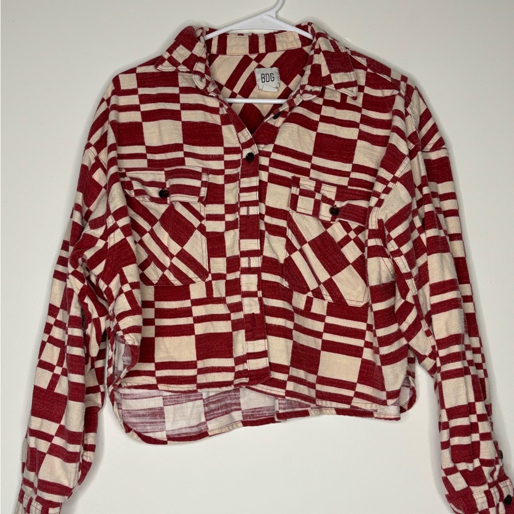 Red and White Plaid Button-Up Shirt